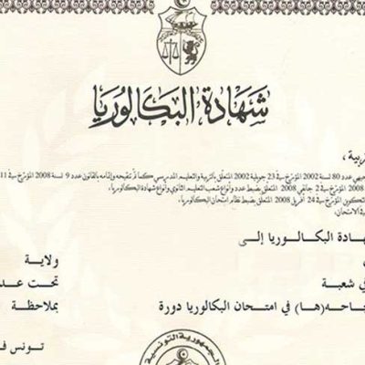 Diplôme tunisien du baccalauréat en arabe avec cachets et emblèmes officiels, délivré par le ministère de l'Éducation, présentant une calligraphie décorative et des champs vierges pour les informations relatives à l'étudiant.